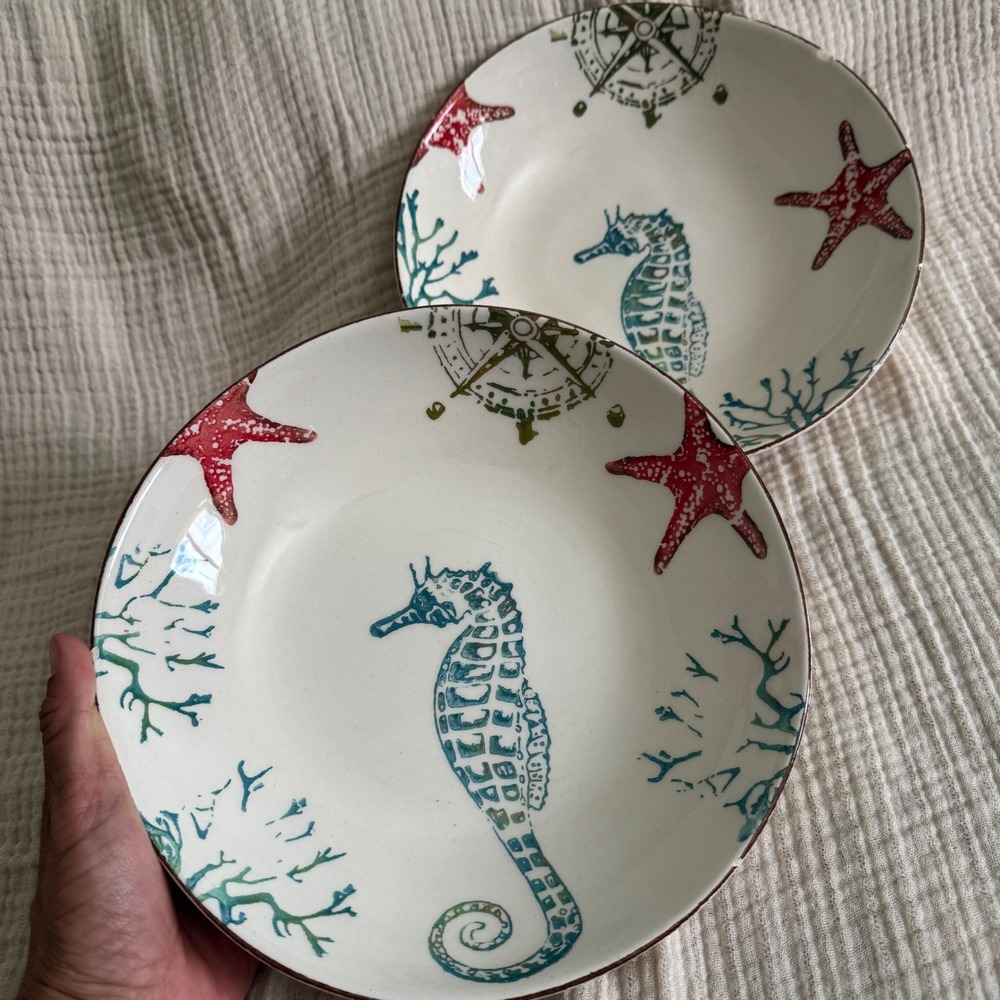 Papart Seramik Turkey Handpainted Seahorse Coastal Ceramic Pasta Bowls Set of 2
